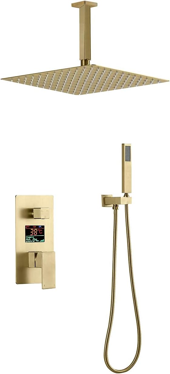 Digital Display Shower Combo Set Ceiling Mounted Bathroom Shower Faucet Set with Stainless Steel Shower Head, Handheld Shower, Embedded Box,Brushed Gold,8 Inches
