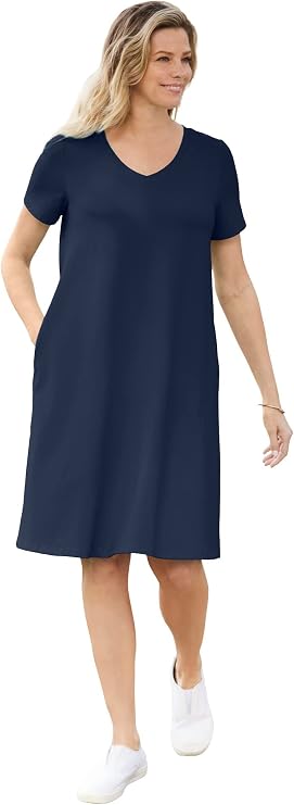 Woman Within Plus Size Perfect Short-Sleeve V-Neck Tee Dress