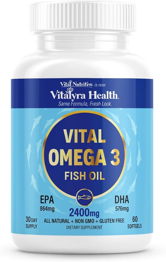 VITAL NUTRITIVE Omega 3 Fish Oil 2400mg - 864mg EPA 576mg DHA Brain & Heart | 1440mg Total Omega-3 Fatty Acids, for Women & Men, Brain & Heart Health, Lemon Taste, Gluten&Sugar Free, Non-GMO, 30 Days