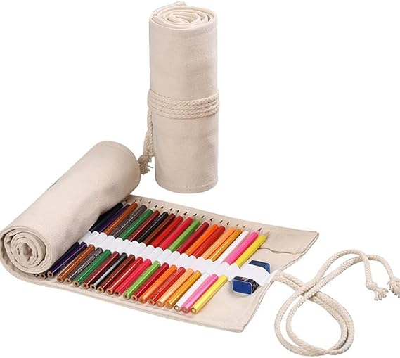 Large Capacity Pen Curtain Canvas Roll Up Pencil Case 36 Slots Pencil Bag Pencils Case Wrap Roll Holder for Coloring Pencil Natural Color Pen, Pencil and Marker Cases