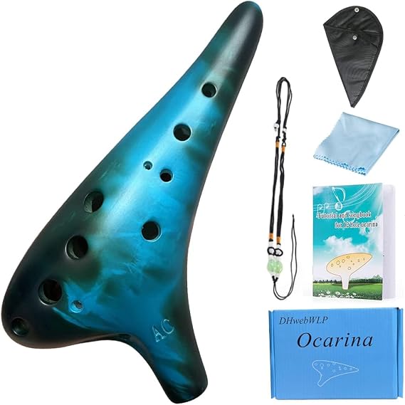 "Forest Whisper" Strawfire12 hole ocarina instrument, matte blue with alto C ceramic ocarina songbook strap