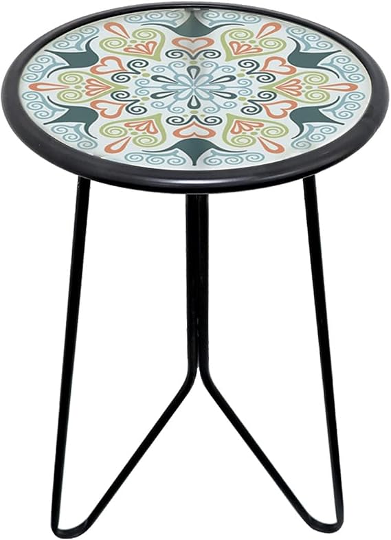 LIFFY Patio Side Table, 12" Outdoor Metal Side Table with Glass Top, Indoor Round Accent End Table for Living Room or Bedroom, Small Decorative Plant Stand Table for Garden Yard Balcony