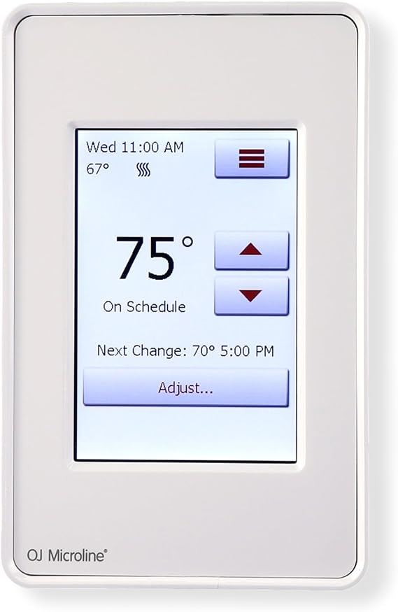 OJ Microline Thermostat with Built-in GFCI UDG4-4999. Touch Screen Programmable Thermostat for Radiant Floor Heating System, with Dual Sensing and Dual Voltage Capabilities. Includes Floor Sensor