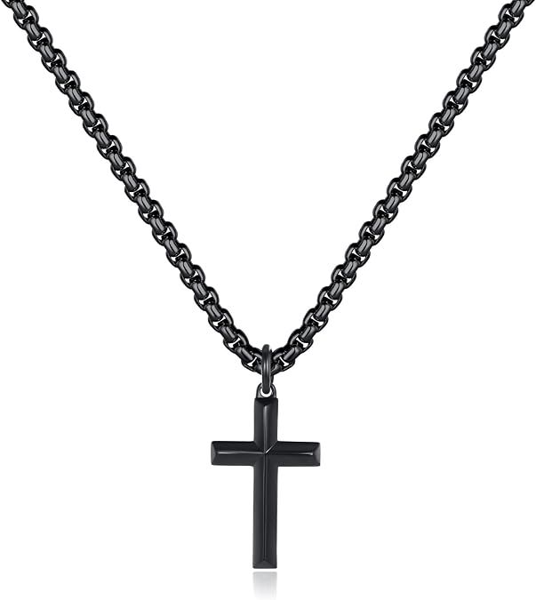 REVEMCN Black Gold Silver Cross Necklace for Boys Stainless Steel Mens Cross Pendant Chain Necklace for Men Women Religious Jewelry Gifts for Boys Girls Chain 16-24 Inches