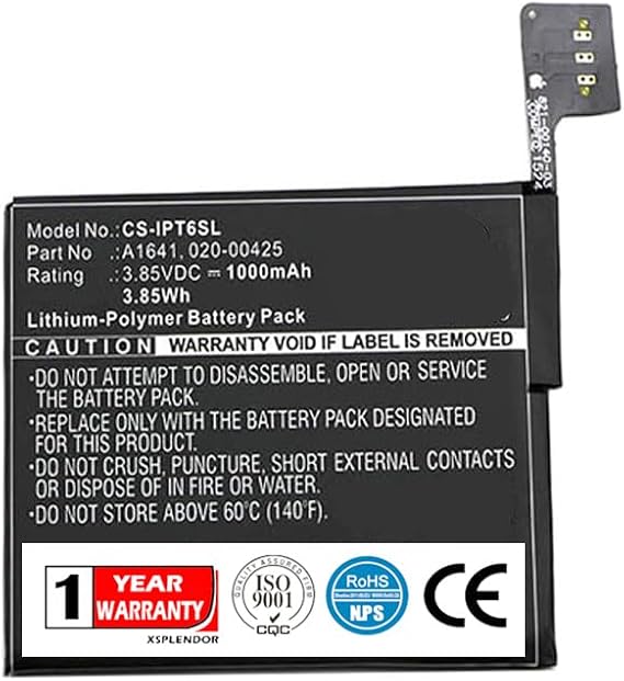 3.85V Replacement Battery for Apple iPod 7.1, A1574, iPod Touch 6th, iPod Touch 6th Generation PN A1641, 020-00425 1000mAh