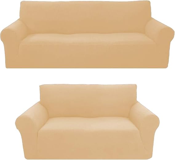 Sapphire Home 2-Piece Sofa and Loveseat Slipcovers, Couch and Loveseat Covers Set, Form fit Stretch, Wrinkle Free, Furniture Protector, Premium Brushed Sofa Covers for Living Room (Beige/Cream)