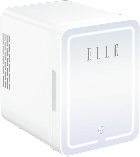 ELLE 4L Mini Cooler Fridge with LED Makeup Mirror for Skincare & Cosmetic Storage Cooler & Warmer Removable Shelf Carrying Handle AC DC Power Options Small Refrigerator for Bedroom Car Office White