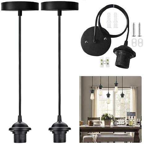 2 Pack Black Pendant Light Fitting E27 Ceiling Rose Pendant Vintage Pendants Lamp Holder Suspension Flex Ceiling Lights Pendants Fitting Kit with 1Meter Cable for Screw-Type Bulb Lights