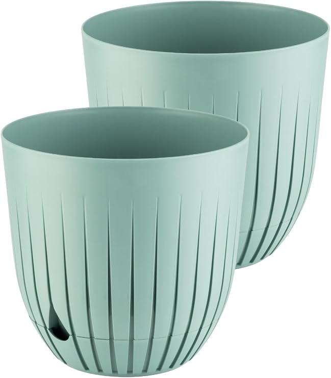 Çizgi Saksı Plastik Delikli Tabaklı Çiçek Saksısı (2 Adet, Yeşil, 10 Litre)