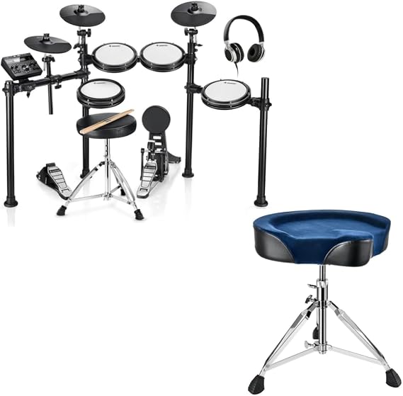 Donner DED-200 Electric Drum Sets with Quiet Mesh Drum Pads and Donner Heavy Duty Drum Throne Motorcycle Style Widened Drum Stool with Velvet Surface Blue