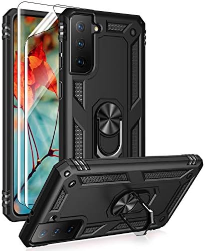 for Samsung Galaxy S21 Plus 5G Case with HD Screen Protectors, Androgate Military-Grade Metal Ring Holder Kickstand 15ft Drop Tested Shockproof Cover Case for Galaxy S21 Black