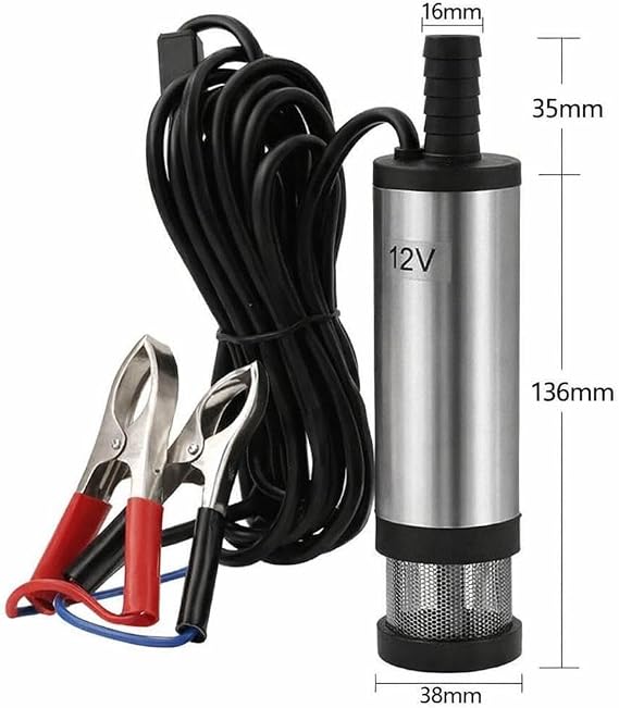 Mini 12V Taşınabilir Akaryakıt Transfer Pompası, Paslanmaz Çelik Gövde, 38mm, Timsah Klipsli Kablo ile