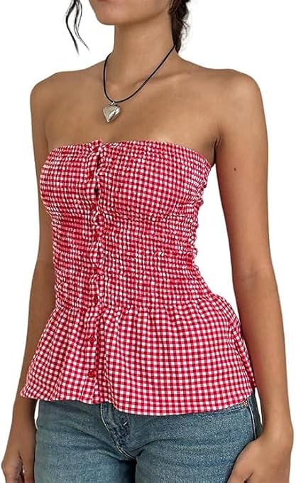 Foidiccx Gingham Tube Top Women Y2k Strapless Backless Ruffle Crop Bandeau Peplum Smocked Shirred Sexy Going Out Tank