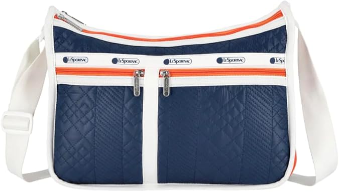 LeSportsac Sweater Quilting Navy Deluxe Everyday Crossbody Bag + Cosmetic Bag, Style 7507/Color E968, Unique Quilted Navy Geometric Specialty Design, Modern Contrasting Orange Zipper & White Trim