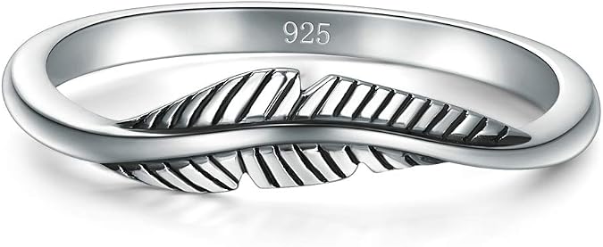 BORUO 925 Sterling Silver Ring, Feather Ring Size 4-12