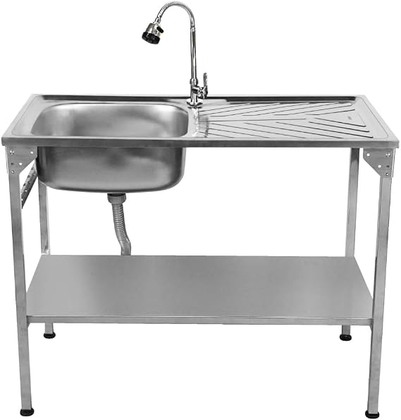 Folding Camping Sink Stainless Steel With Flexible Tap Portable Hand Wash Basin Single Bowl RH Drainer Drainage Pipe Height Adjustable Feet Outdoor FREE Carry Storage Bag Chopping Board & 5 x Hooks