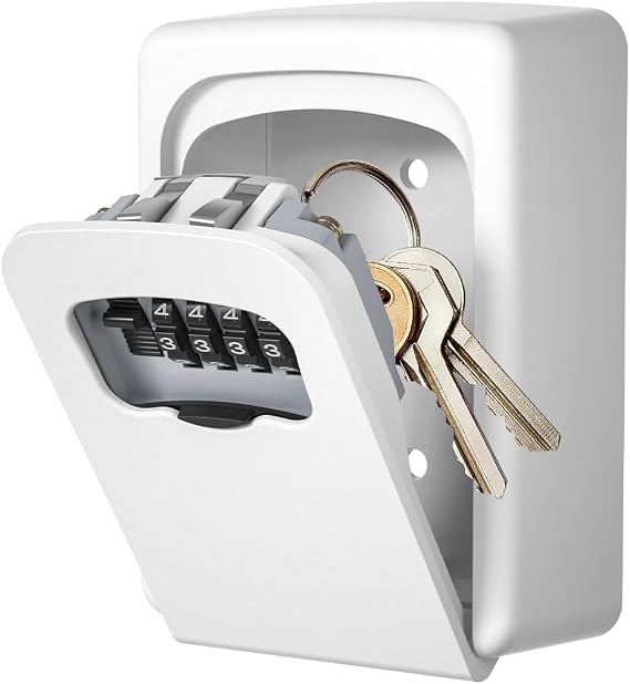 Key Lock Box Wall Mounted, Fayleeko 4 Digit Combination Lockbox for Outside, House Keys - 5 Keys Capacity, Key Safe Security Storage Lock Box for Indoor, Outdoor, Garage, Garden, Store (White, 1Pack)