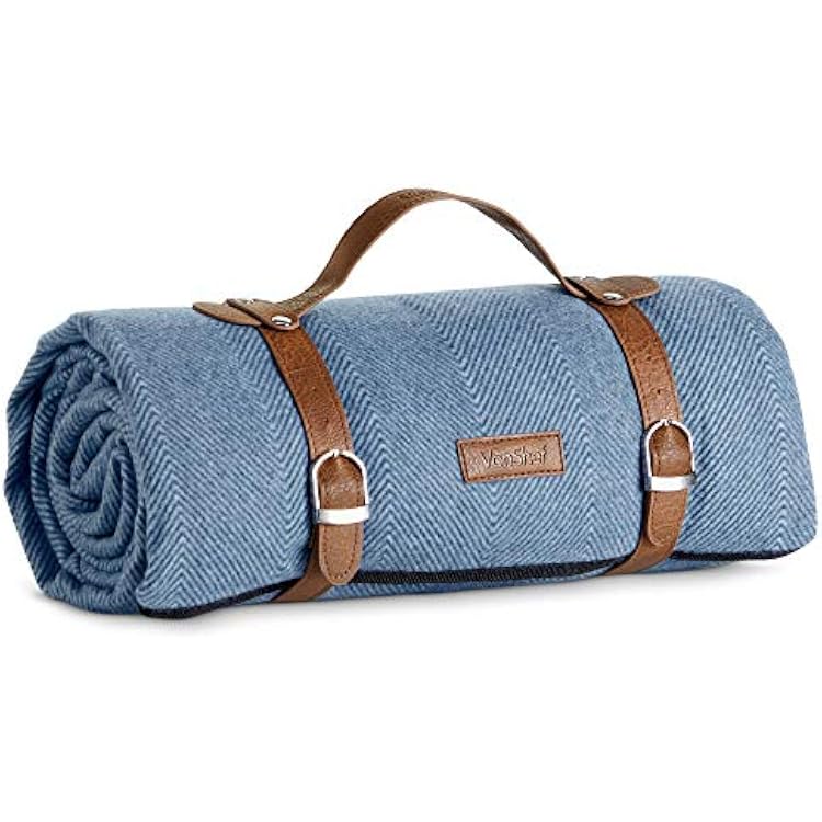 VonShef Large Fleece Picnic Blankets with Faux Leather Carrier Handles and Waterproof Lining for Outdoor Picnics, Beach and Camping Herringbone Blue