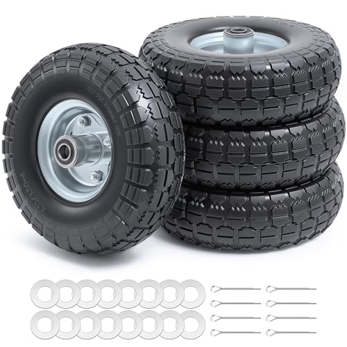4 PCS 10 Solid Tires, 4.103.50-4 Flat Free Tires and Wheels with 58 Axle Bore Hole and Double Sealed Bearings Compatible with Hand Truck Wheelbarrow Tire Lawn Mower Tire Silver P-092