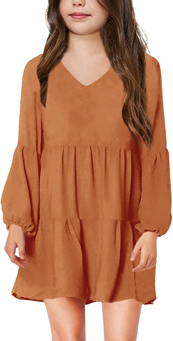 Imily Bela Girls Casual Tunic Dresses Long Sleeve Flowy Swing Dress 5-14Y