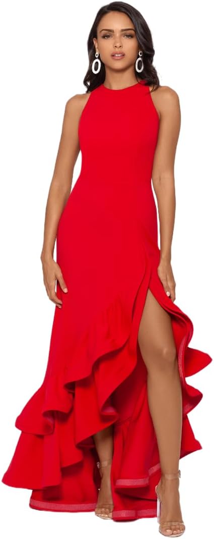 Betsy & Adam Womens Long Halter Crepe Tiered Ruffle Gown