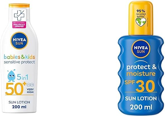 NIVEA SUN Kids Protect & Sensitive Sun Lotion (200ml) Sunscreen with SPF 50+, Kids Suncream & Sun Protect & Moisture Sun Spray SPF30 (200 ml), UVA + UVB Protection