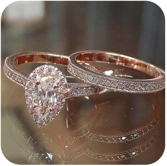 HUUGVBCO Stackable 14K Gold/Rose Gold/Solitaire Pear-Shaped Engagement Ring for Women, Elegant Gold ICY Silver Plated Promise Ring for High-end Parties 6