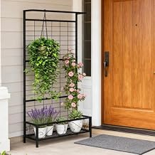 Metal Tall Plant Stand with Trellis and Hanging Bar, Plant Holder for Indoor & Outdoor Use Freestanding Design