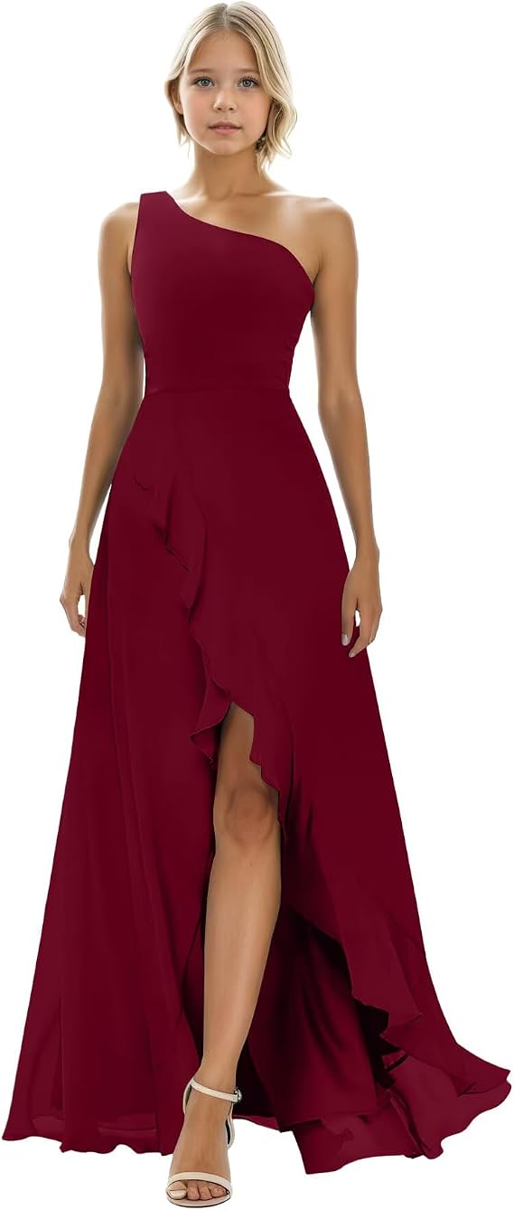 One Shoulder Junior Bridesmaid Dresses Split Chiffon Flower Girl Dress for Wedding Girls Bridesmaid Dress
