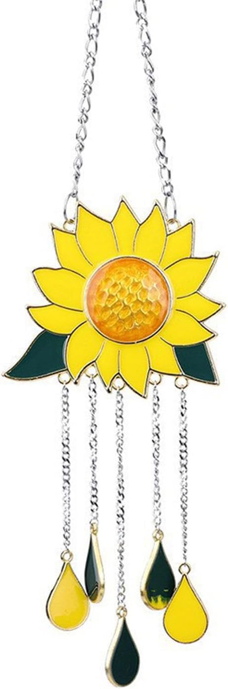 Sunflower Wind Chimes Ornaments, Stained Glass Dripping Sunflower Pendant Window Hanging Panel Decoration with Chain, Flower Wind Chimes Art Decorations for Garden Patio Decor