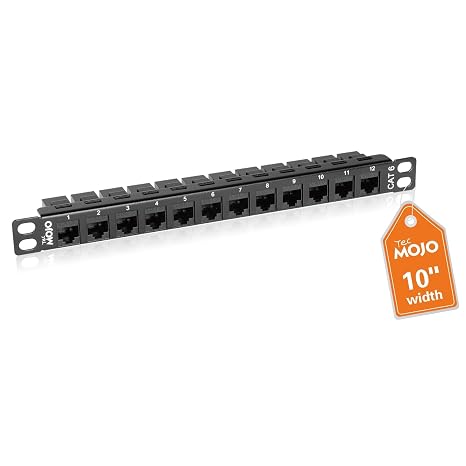 Tecmojo 12-Port Cat6 Patch Panel, 0.5U Rack Mount Modular Panel with Keystone Coupler, for 10" Width Server Rack & Network Cabinet, Gigabit Ethernet, Black