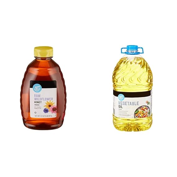 Amazon Brand Happy Belly Raw Wildflower Honey (2 Pound) and Vegetable Soybean Oil (128 Fl Oz)