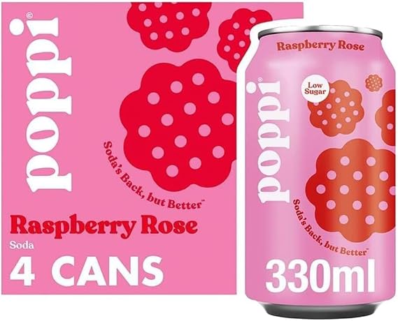 Sparkling Prebiotic Soda Variety Pack, 4 x 330ml Cans, Low Sugar, Natural Flavours,Gut-Friendly Fizzy Beverage (Poppi Raspberry & Rose Soda Cans 4x330ml)