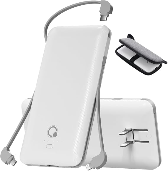 Portable Charger with Built-in Cables and AC Wall Plug, USB C External Battery Pack, 10000mAh Travel Essentials Power Bank Compatible with iPhone17/16/15/14/13, Samsung Galaxy, Pixel,Tablet and More