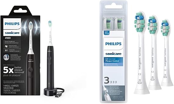 Philips Sonicare 4100 Electric Rechargeable Power Toothbrush, Black, with Genuine Philips Sonicare Optimal Plaque Control Replacement Toothbrush Heads, White, 3 Pack