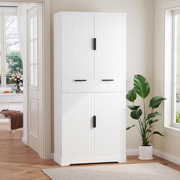 72 Fluted Kitchen Pantry Cabinet with 3 Pull Out Cabinet Organizers, 6 Door Shelves & 1 Drawer, Large Farmhouse Freestanding Cupboard for Kitchen, Dining Room, Living Room White