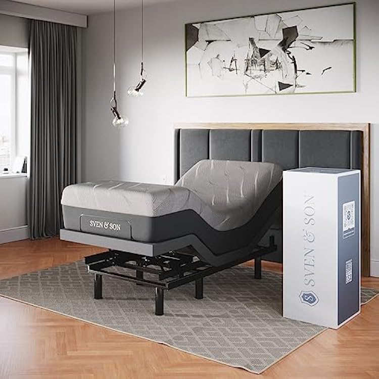 Sven & Son Classic Adjustable Bed Base, Head and Foot Lift, Massage, Under-Bed Lights, USB, Gel Memory, Zero Gravity Smart Frame - Twin XL  12 inch Memory Foam Matt Medium