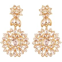 Touchstone Indian Bollywood Glamorous Handcrafted Mughal Inspired Kundan Polki Look Rhinestone Designer Jewelry long Earrings In Gold Tone For Women.