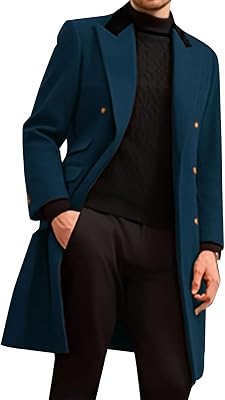 Mens Wool Blend Overcoat Casual Double Breasted Notched Lapel Mid Long Peacoat Winter Outdoor Jackets