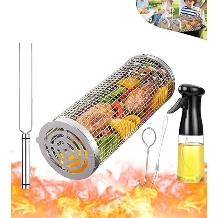 Rolling Grilling Baskets for Outdoor Grill Bbq Stainless Steel Round Mesh Barbecue Cylinder Cage Cooking Net Tube Accessories for Camping, Gift for Men Dad Him Father Papa Husband