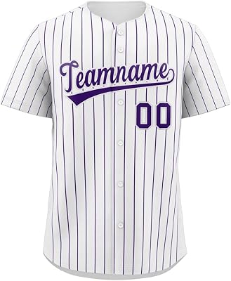 Custom Pinstripe Baseball Jersey Button Down Shirt Printed or Stitched Personalized Name Number for MenWomenYouth WhitePurple Stripes-06