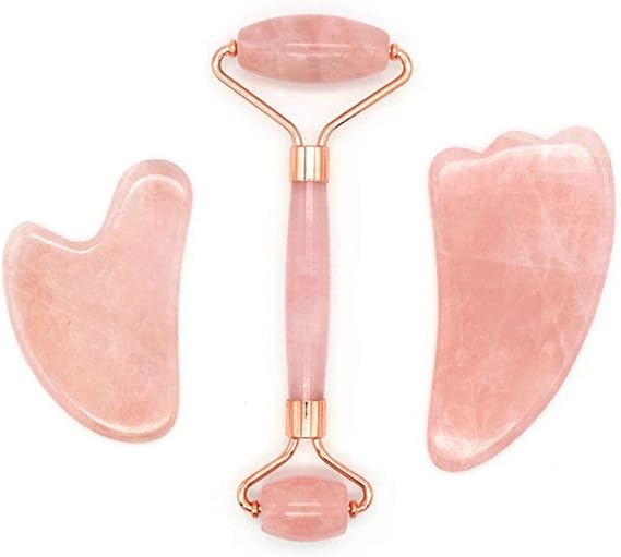 Jade Roller - Rose Quartz Face Roller and Gua Sha, Scrapping Massage Tools, Beauty Kits for Slimming, Toning and Firming Skin - Natural Jade Stone