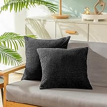 CaliTime Throw Pillow Covers Pack of 2 Comfy Corduroy Corn Striped Waffle Decorative Cushion Cases for Couch Sofa Bed Farmhouse 16 X 16 Inches Black
