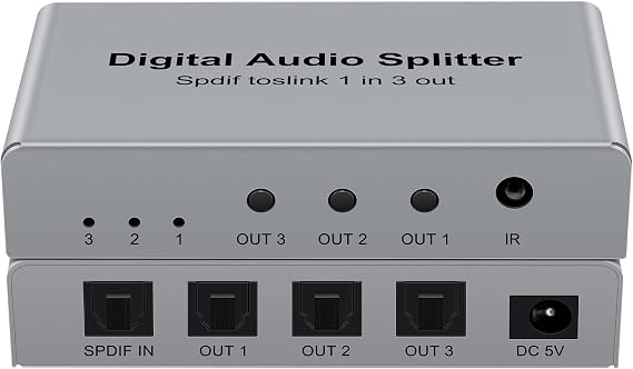 3 Port SPDIF Toslink Fiber Audio Splitter, Digital Optical Splitter 1x3(1 in 3 Out) with Optical Cable for TV, Support Dolby Digital DTS 5.1 PCM Stereo LPCM 96KHZ
