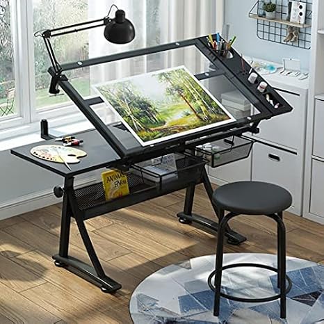 Artists' Drafting Table with Stool - Height Adjustable, Tempered Glass Top, 2 Drawers - Tiltable Draft Desk for Reading, Drawing, Writing - Work Station for Artists - by Draft