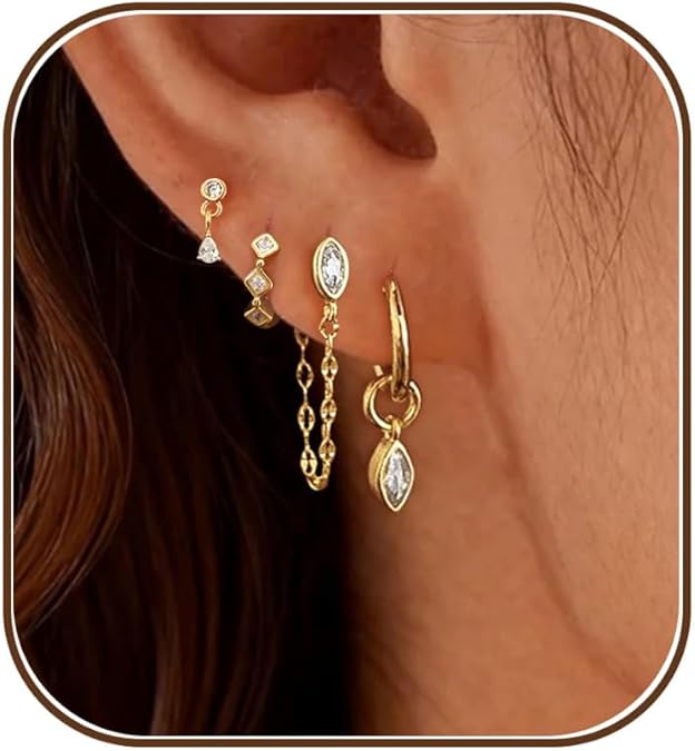 Gold Earrings for Women, Dainty Earring Stacks 14K Gold Plated Chain Earrings Cute Hypoallergenic Huggie Earrings for Women Trendy Unique Drop Hoop Earrings Stack Fashion Gold Jewelry Set