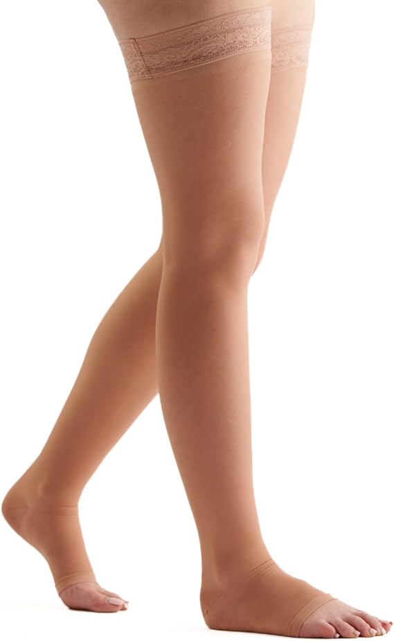 EvoNation Women's Sheer Thigh High Compression Stockings 15-20mmHg Open Toe | Lace-silicone grip band with breathable fabric and reinforced heel for secure comfort for work, travel and extended standing.