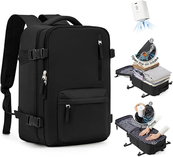 SZLX Vacuum Backpack Travel Bag with Pump, Ryanair Cabin Bags Backpack Wizz air, Ryanair Cabin Bags Underseat Carry On Easyjet Travel Rucksack Cabin Size Fit 14 Inch Laptop