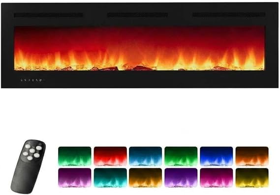 72'' Electric Fireplace Insert: Features an Ultra-Narrow Frame for Wall Mounting, Offering 1500W/750W Dual Heating with 3 Modes. Includes 12 Flame Color Options, Remote Control, Timer, Touch Screen, a