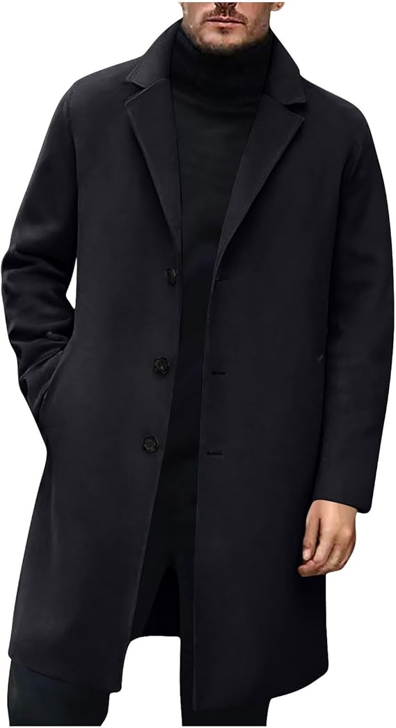 Mens Trench Coat, Long Jackets Men 3/4 Length Coat Windbreaker Men's Winter Pea Coats Jacket Outerwear Mid Length Peacoat Long Sleeve Overcoat Wool Trench Coats Casual Warm Outdoor Tweed Jacket